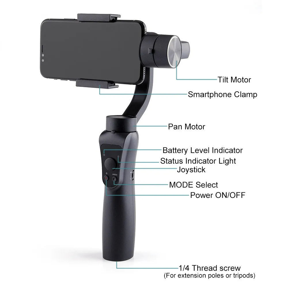 Black 3-axis mobile phone stabilizer gimbal for smartphones up to 6.5 inches