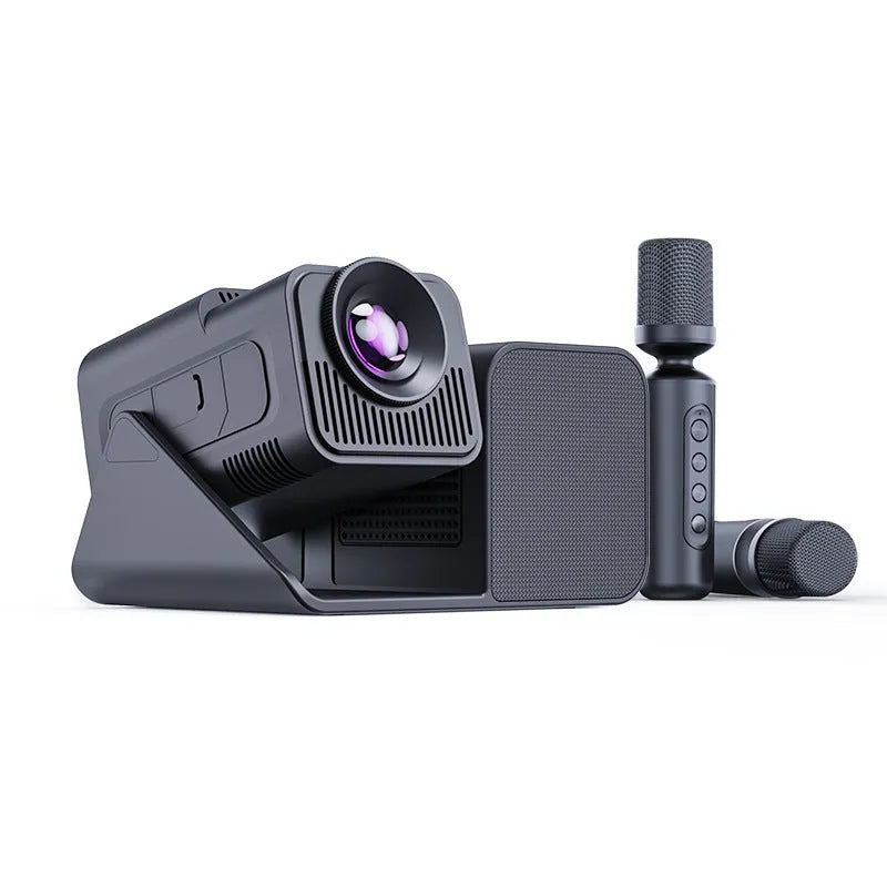 Black three-in-one karaoke singing projector with microphone and 720p display