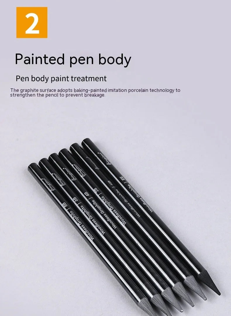 Carbonised and graphite drawing pencil set of nine in a wooden case, showing six graphite and three carbonised pencils.
