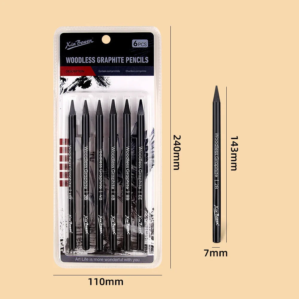 Set of six wood-free graphite sketching pencils with grades HB 2B 4B 6B 8B EE for art drawing