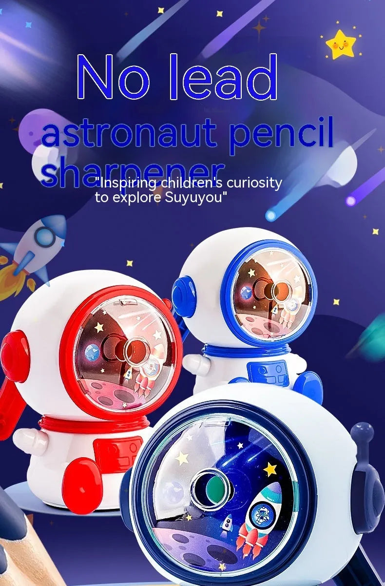 Cartoon astronaut themed manual pencil sharpener with adjustable settings and anti-jam mechanism