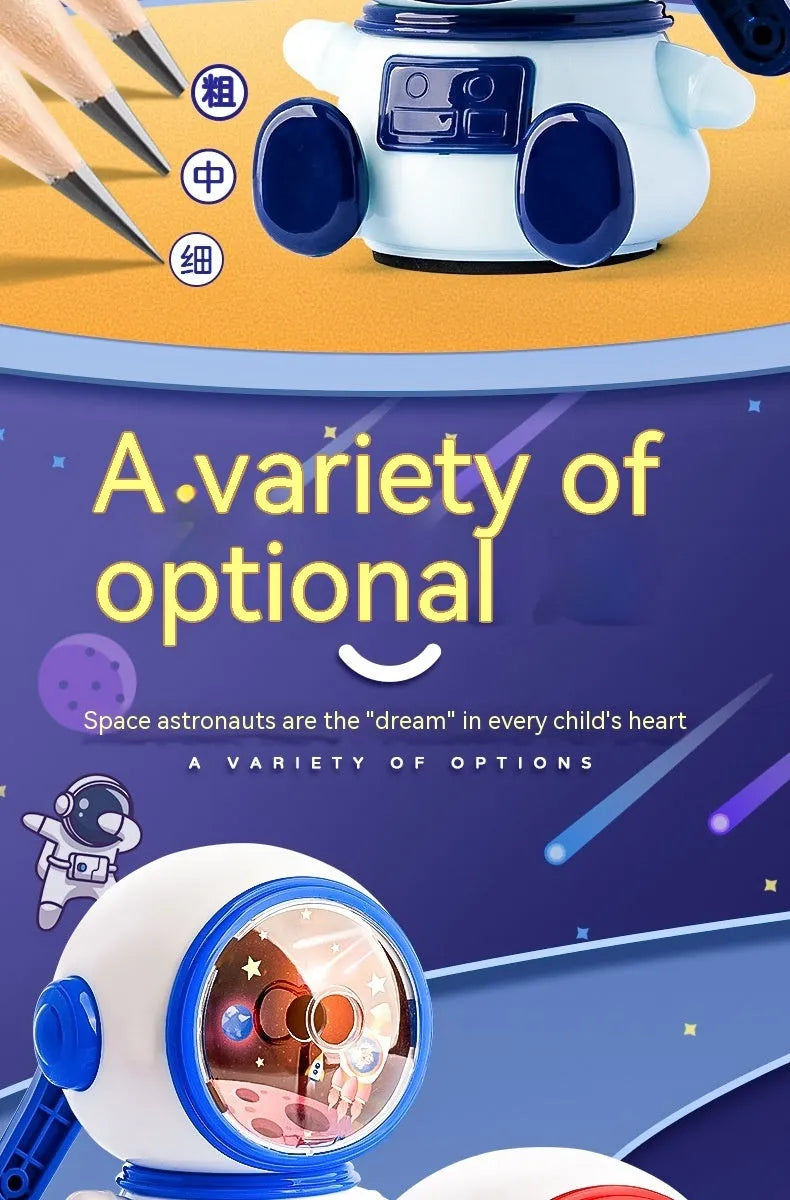 Cartoon astronaut themed manual pencil sharpener with adjustable settings and anti-jam mechanism
