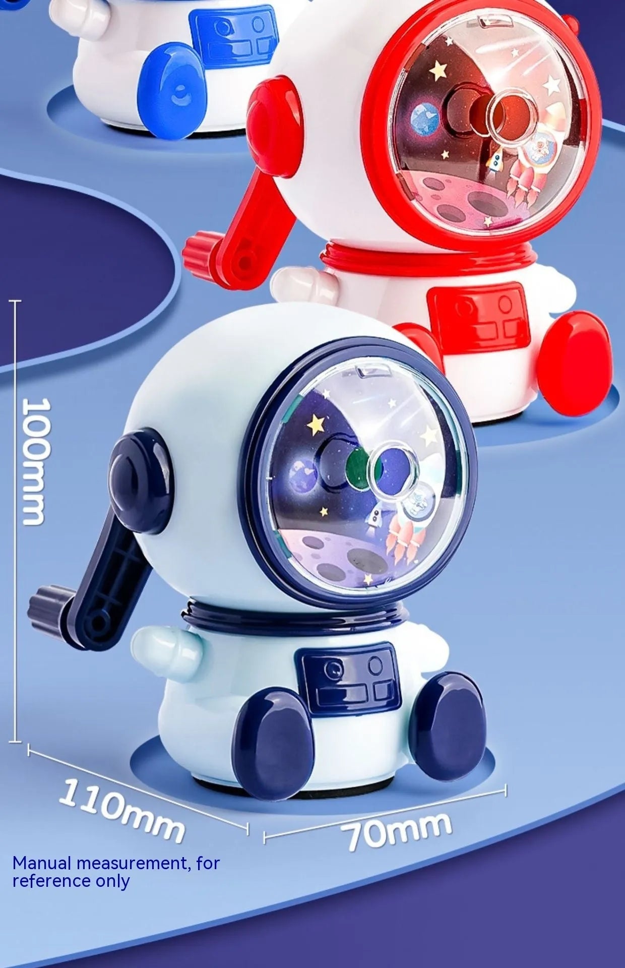 Cartoon astronaut themed manual pencil sharpener with adjustable settings and anti-jam mechanism