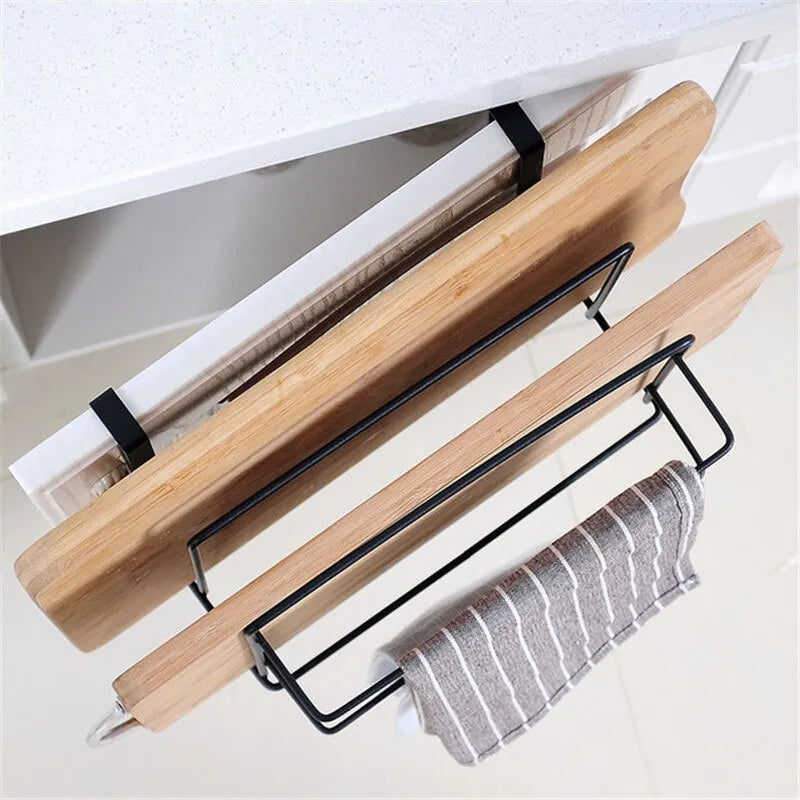 Kitchen double layer iron towel rack hanging holder with chopping board storage in white colour wall mounted
