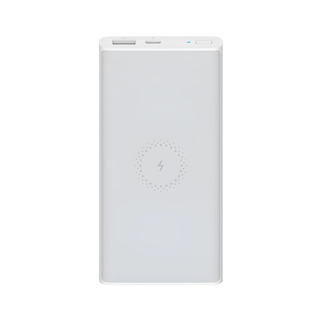 White and black 10000mAh portable power bank with USB-C and USB-A ports for fast and wireless charging.