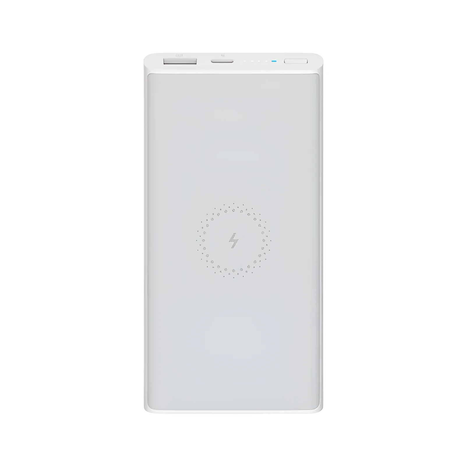 White and black 10000mAh portable power bank with USB-C and USB-A ports for fast and wireless charging.