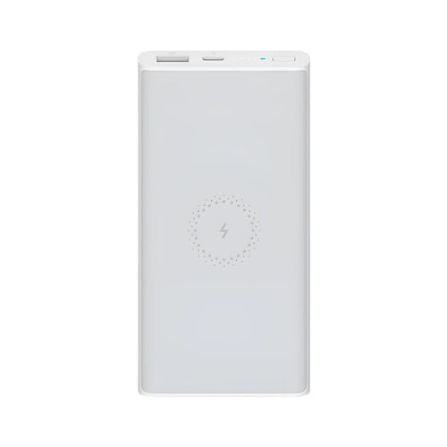 White and black 10000mAh portable power bank with USB-C and USB-A ports for fast and wireless charging.