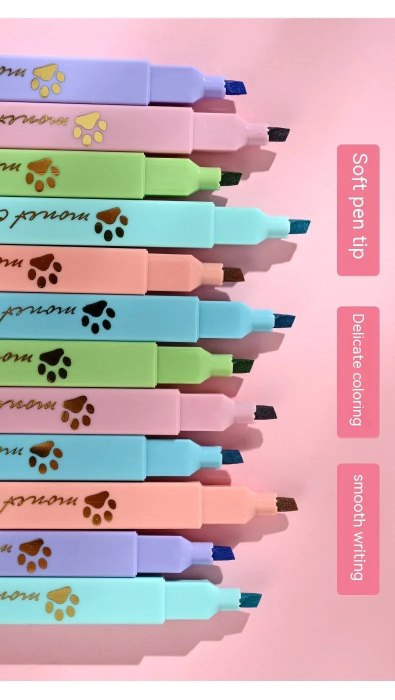 Box containing six Cat's Paw fluorescent marking pens with oblique nibs in assorted colours.