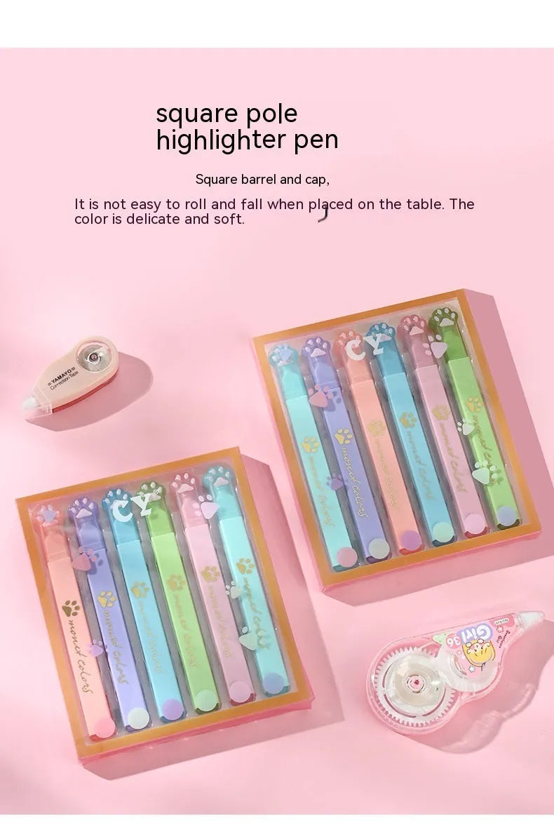 Box containing six Cat's Paw fluorescent marking pens with oblique nibs in assorted colours.