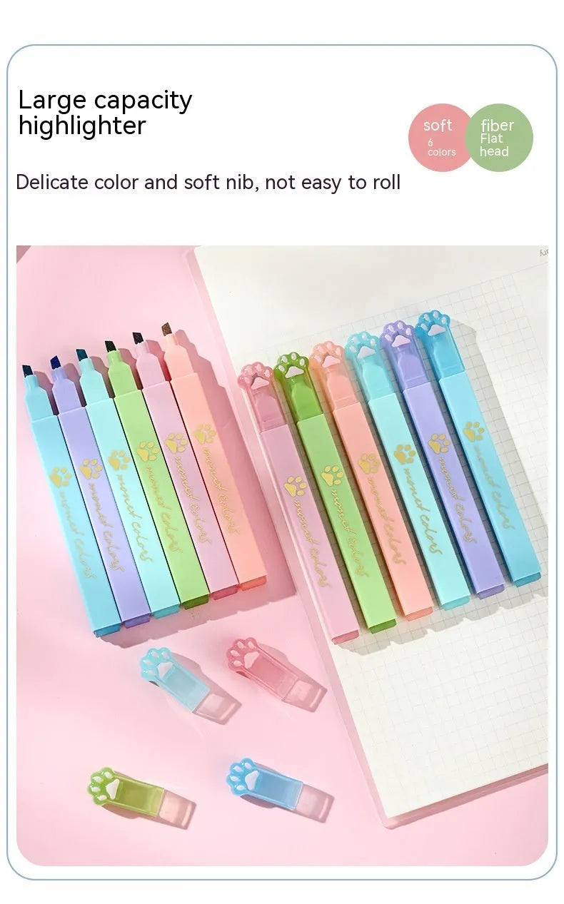 Box containing six Cat's Paw fluorescent marking pens with oblique nibs in assorted colours.