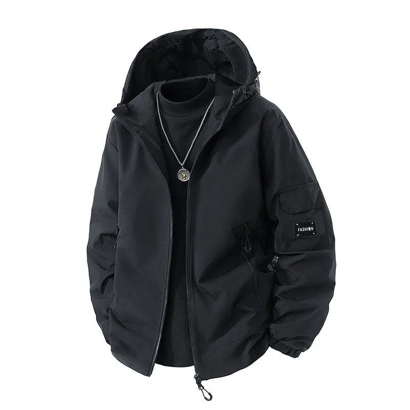 Brand loose cargo windproof jacket in black polyester, cardigan style, size M, with zip front and pocket details