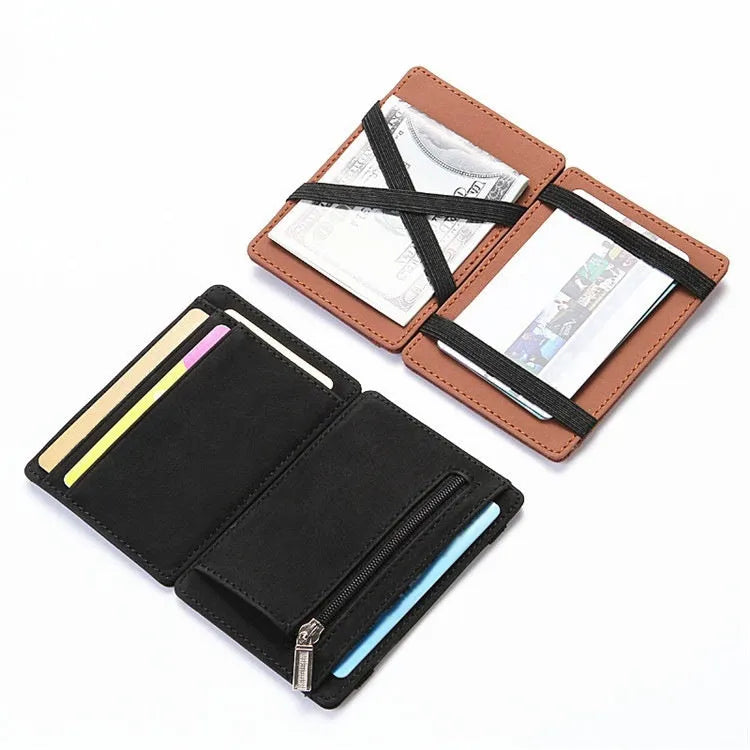 PU leather magic flip wallet in a solid colour with a zippered coin purse and flip-out card holder.