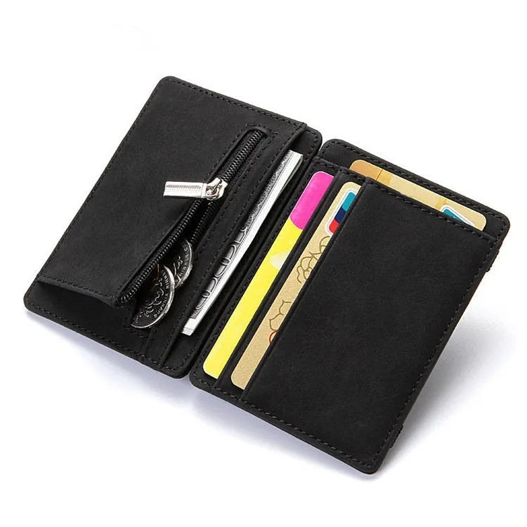 PU leather magic flip wallet in a solid colour with a zippered coin purse and flip-out card holder.