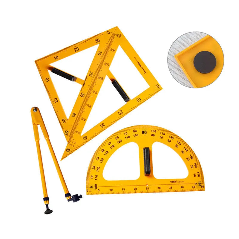 Orange and black plastic mathematics teaching tools set with triangle rulers, protractor and chalk compass