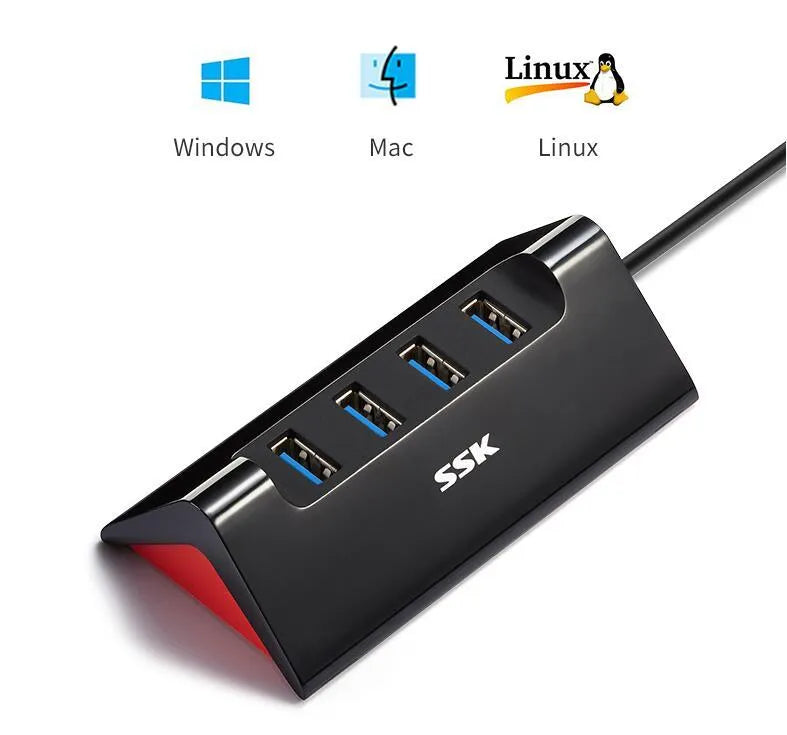 Black USB expansion hub with four ports and a Micro USB power connector.