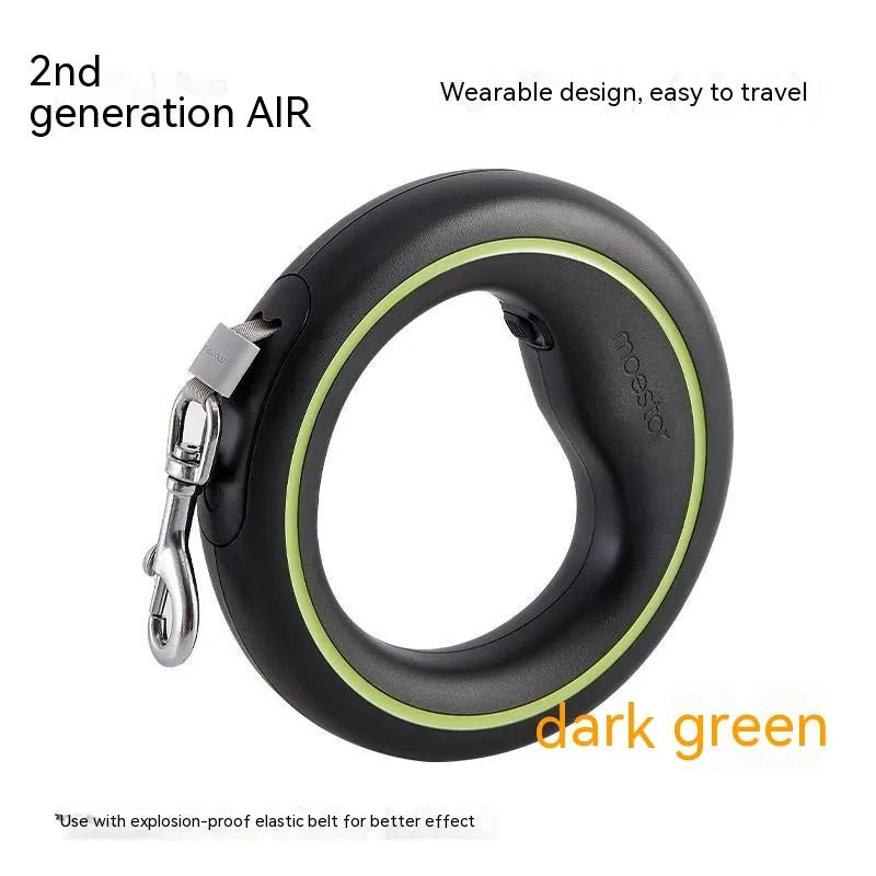 Automatic retractable dog leash with 3 metre rope, acrylic hand unit, leather chest strap, and seven colour options including fluorescent finishes