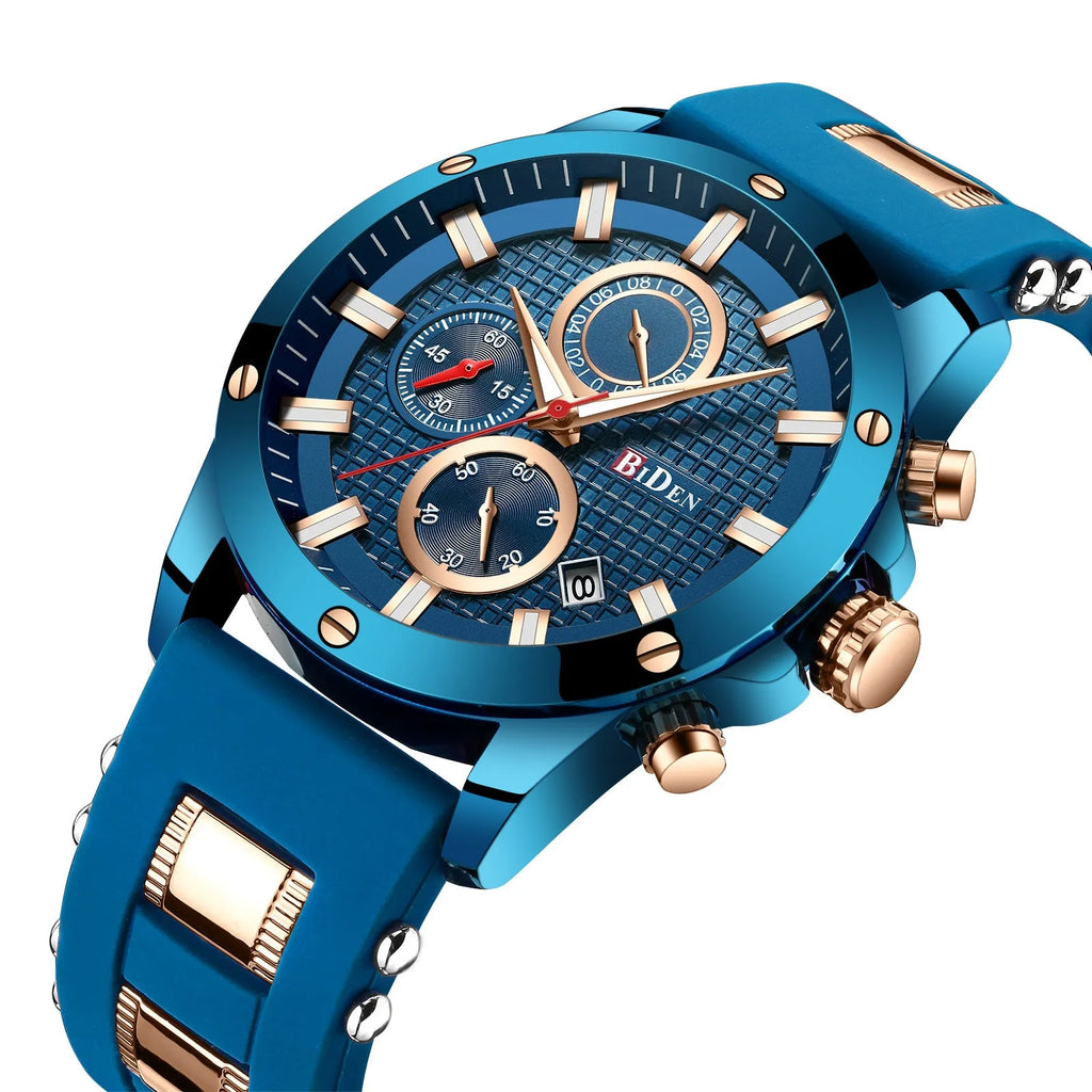 Men's quartz watch with 40mm round dial, silicone band, alloy case, and 30M waterproof rating.