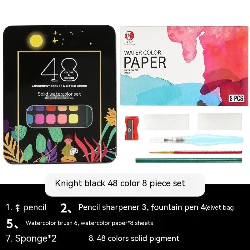 Metal tin open to show 48 pans of solid watercolour paint in various colours including black, pink, and blue.
