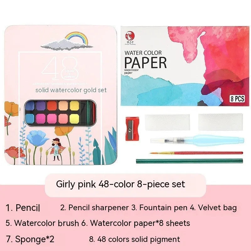 Metal tin open to show 48 pans of solid watercolour paint in various colours including black, pink, and blue.