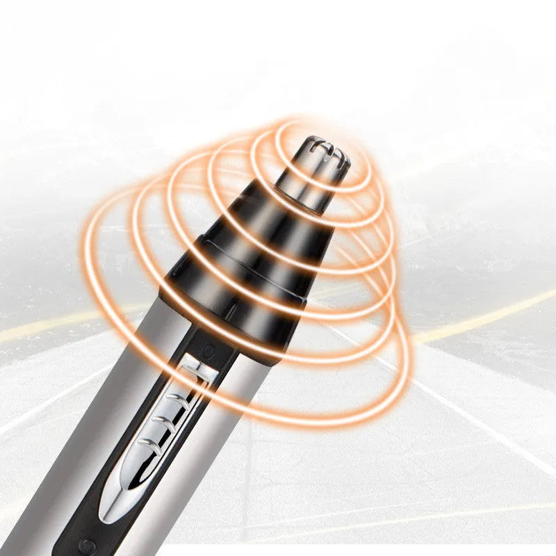 White electric nose hair trimmer with four heads, USB cable, placing base, and cleaning brush