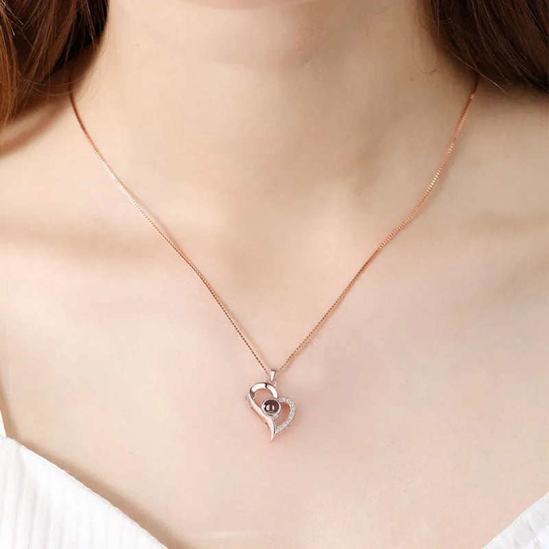925 silver heart projection photo necklace in Silver or Rose Gold, 20.5 x 16.3 mm pendant with chain