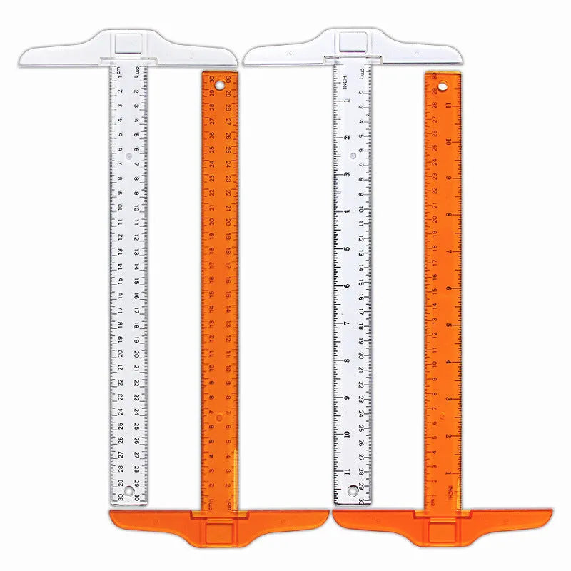 Plastic T-shaped ruler measuring 30cm long, shown in transparent and orange yellow colour options.
