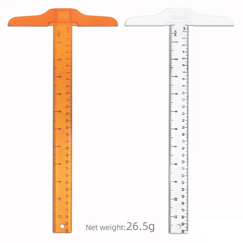 Plastic T-shaped ruler measuring 30cm long, shown in transparent and orange yellow colour options.