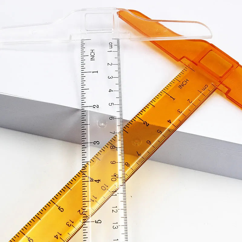 Plastic T-shaped ruler measuring 30cm long, shown in transparent and orange yellow colour options.