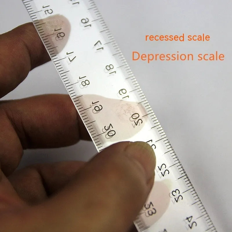 Plastic T-shaped ruler measuring 30cm long, shown in transparent and orange yellow colour options.