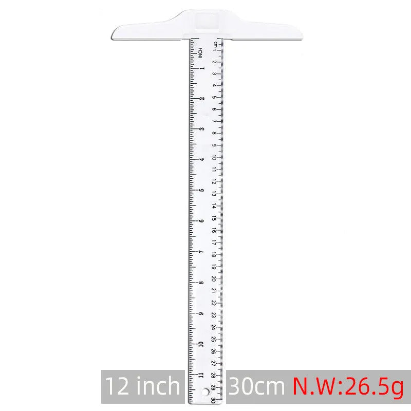 Plastic T-shaped ruler measuring 30cm long, shown in transparent and orange yellow colour options.