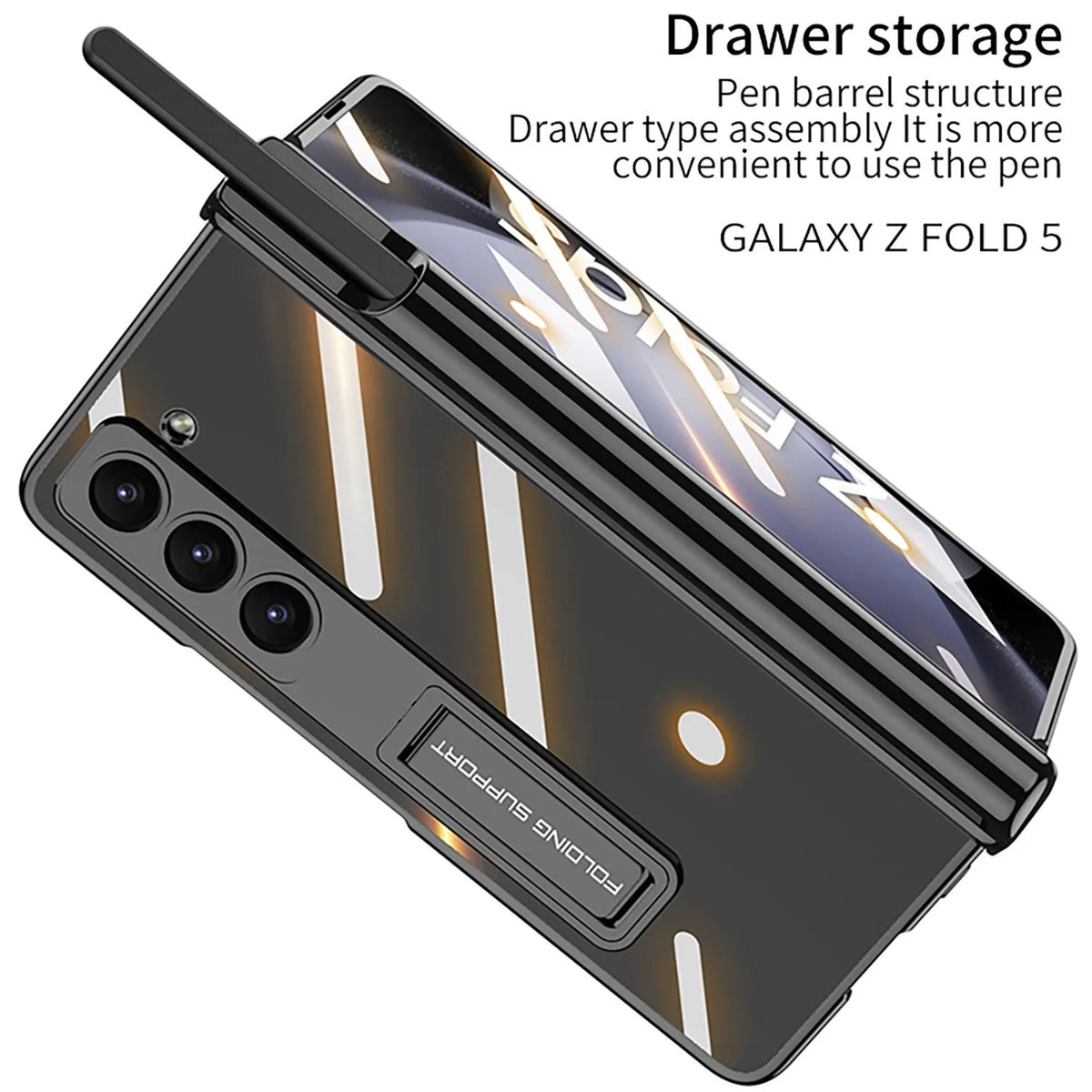 Electroplating transparent phantom magnetic hinge pen holder phone case for Samsung Z Fold 5 in Holiday Blue, PC hard shell with bracket and shockproof protection.