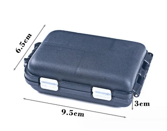 10-compartment plastic fishing tackle storage box measuring 9.5x6.5x3cm in black colour