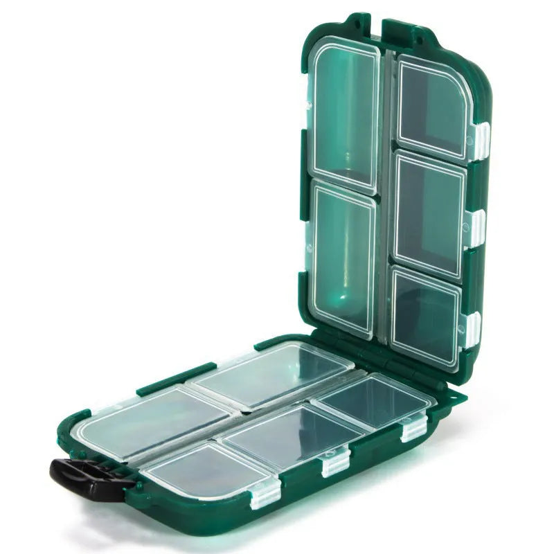 10-compartment plastic fishing tackle storage box measuring 9.5x6.5x3cm in black colour