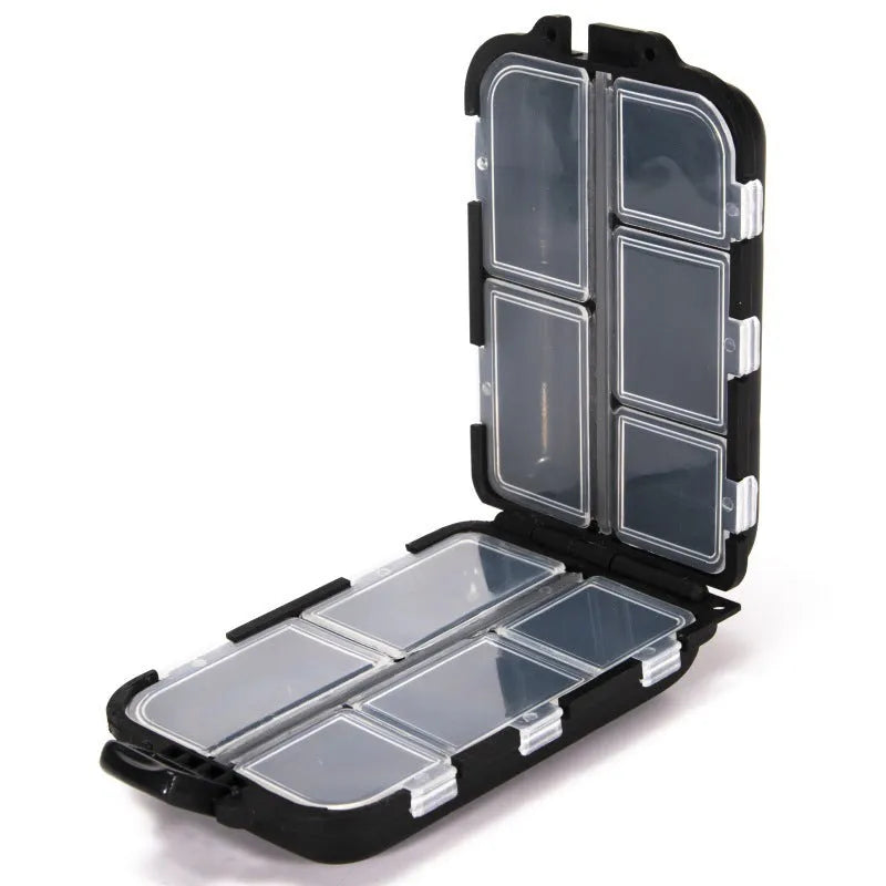 10-compartment plastic fishing tackle storage box measuring 9.5x6.5x3cm in black colour