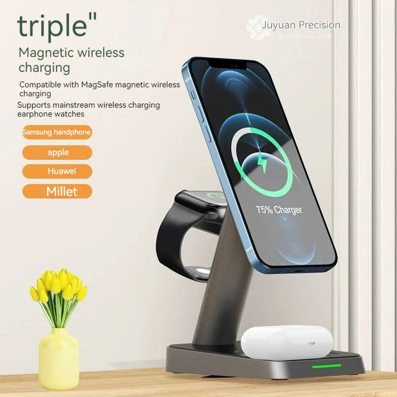Black wireless charging station with vertical phone holder and integrated battery