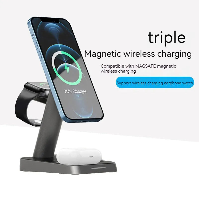 Black wireless charging station with vertical phone holder and integrated battery