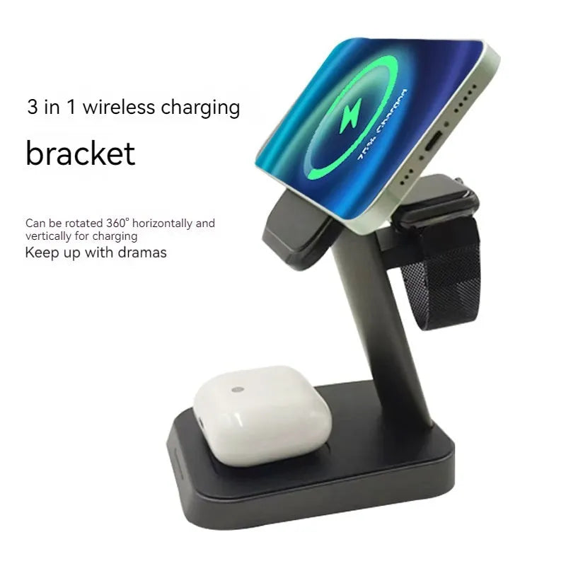 Black wireless charging station with vertical phone holder and integrated battery