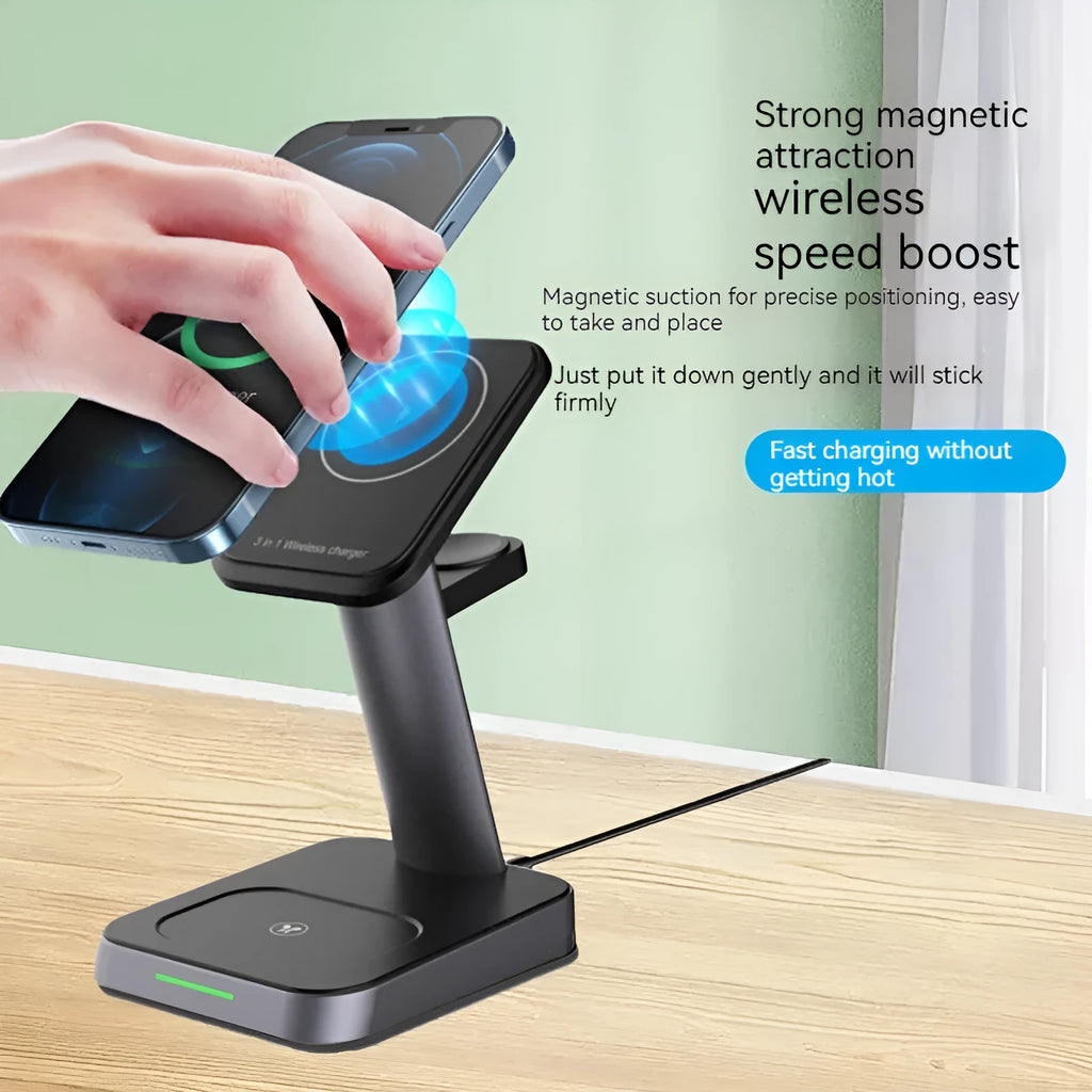 Black wireless charging station with vertical phone holder and integrated battery