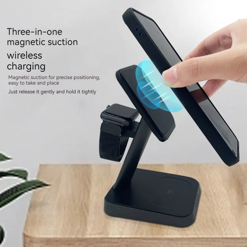 Black wireless charging station with vertical phone holder and integrated battery