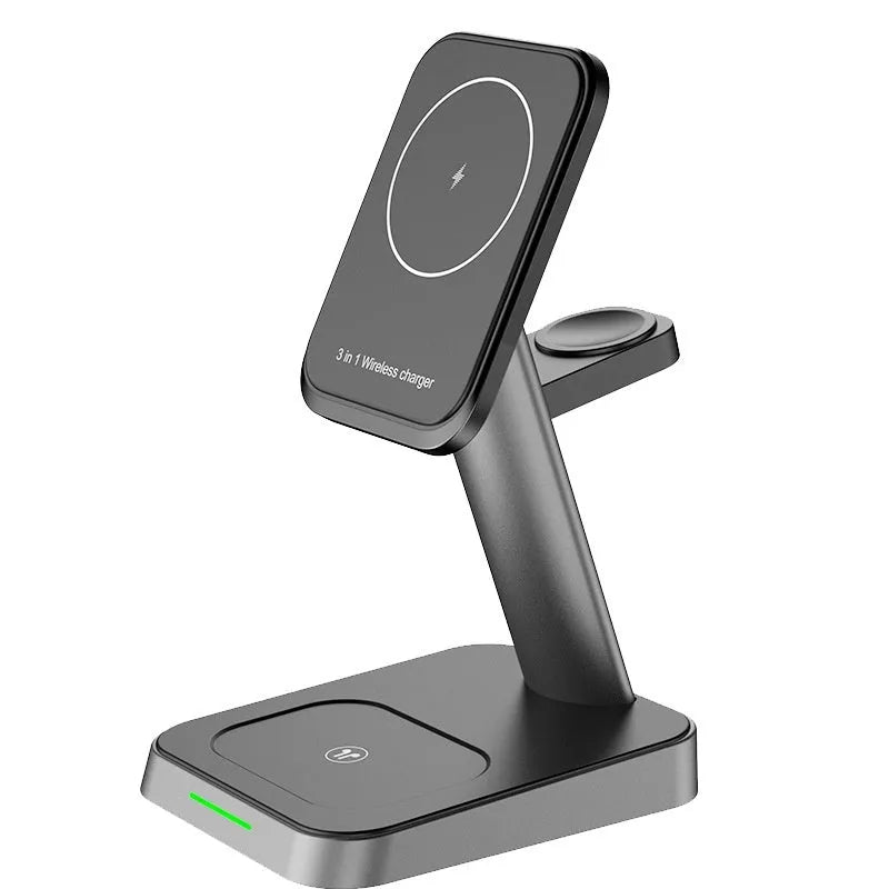 Black wireless charging station with vertical phone holder and integrated battery