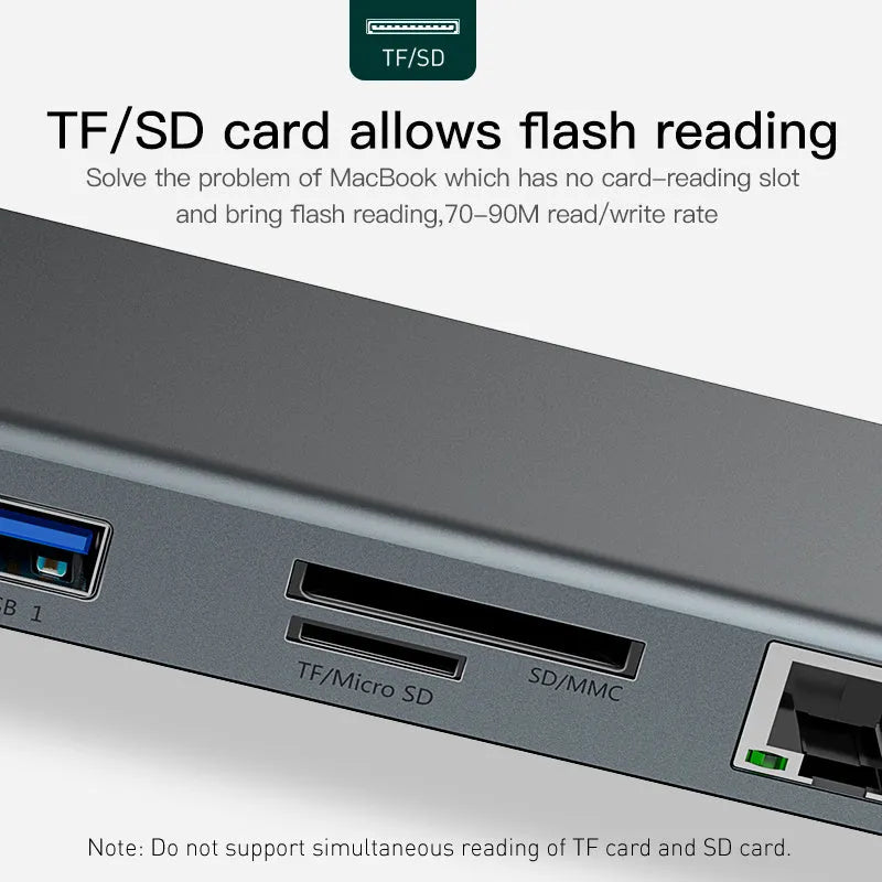 Grey aluminium 10-port docking station hub with cooling bracket for HDMI 4K and USB connectivity