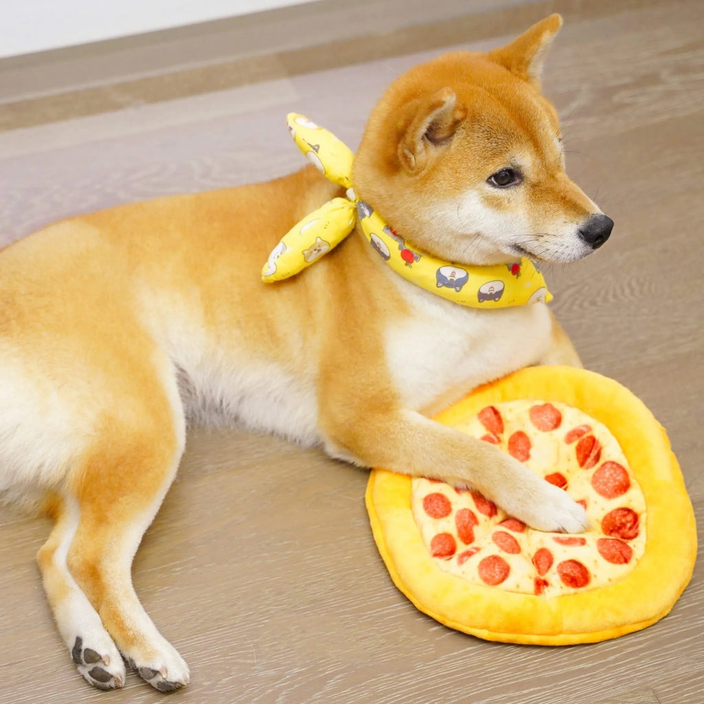 Yellow pizza slice shaped dog chew toy with teddy bear fabric and squeaker for small dogs