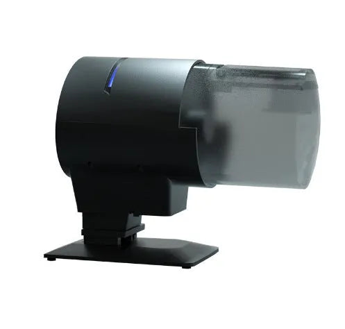 Black automatic aquarium fish feeder with 210ml silo, plastic body, 2 No. 5 battery power