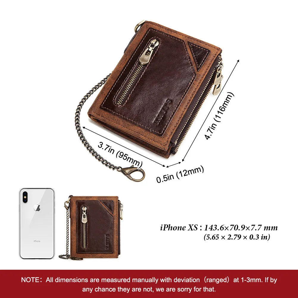 Dark brown genuine cowhide leather men's wallet with a metal anti-theft chain and RFID-blocking technology.