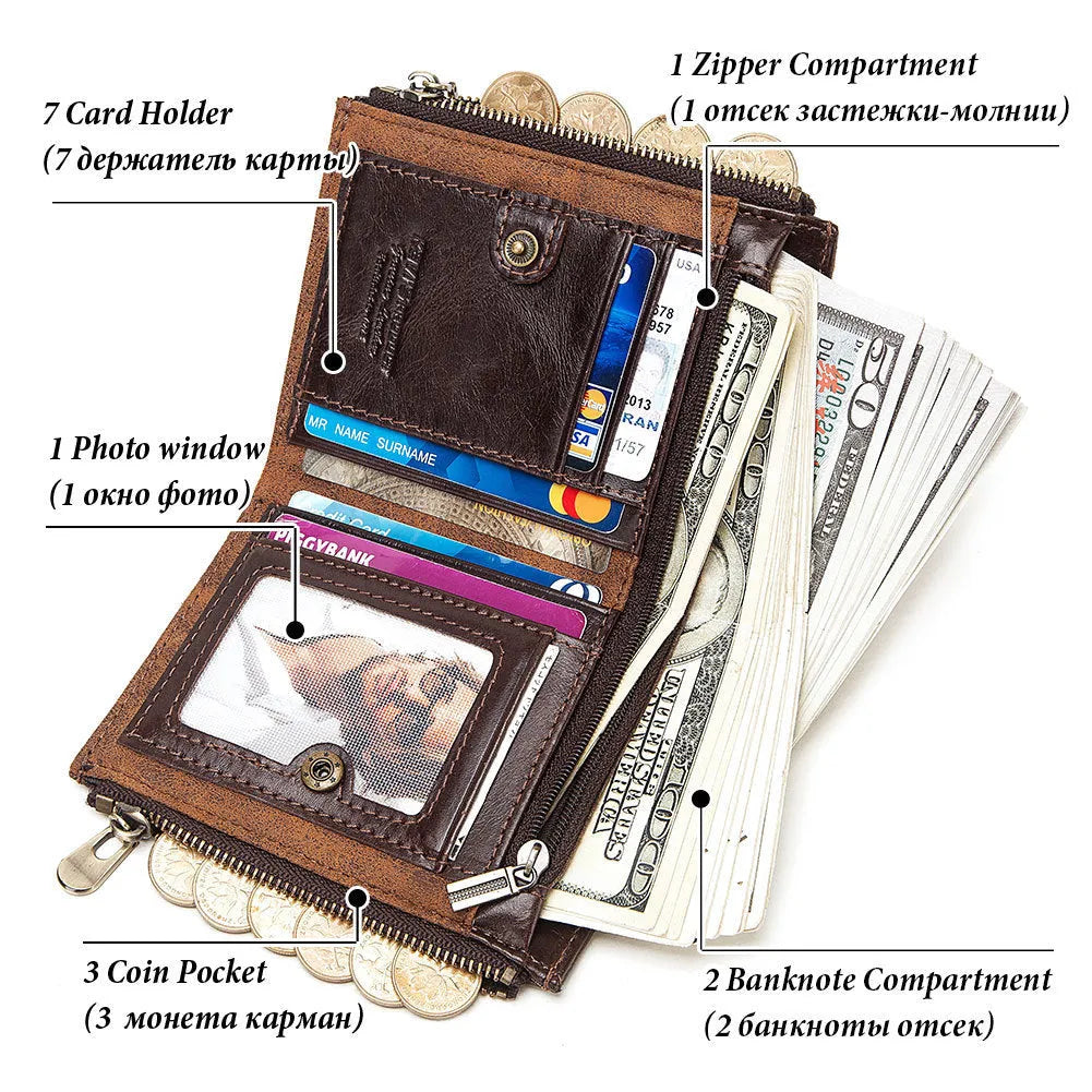Dark brown genuine cowhide leather men's wallet with a metal anti-theft chain and RFID-blocking technology.