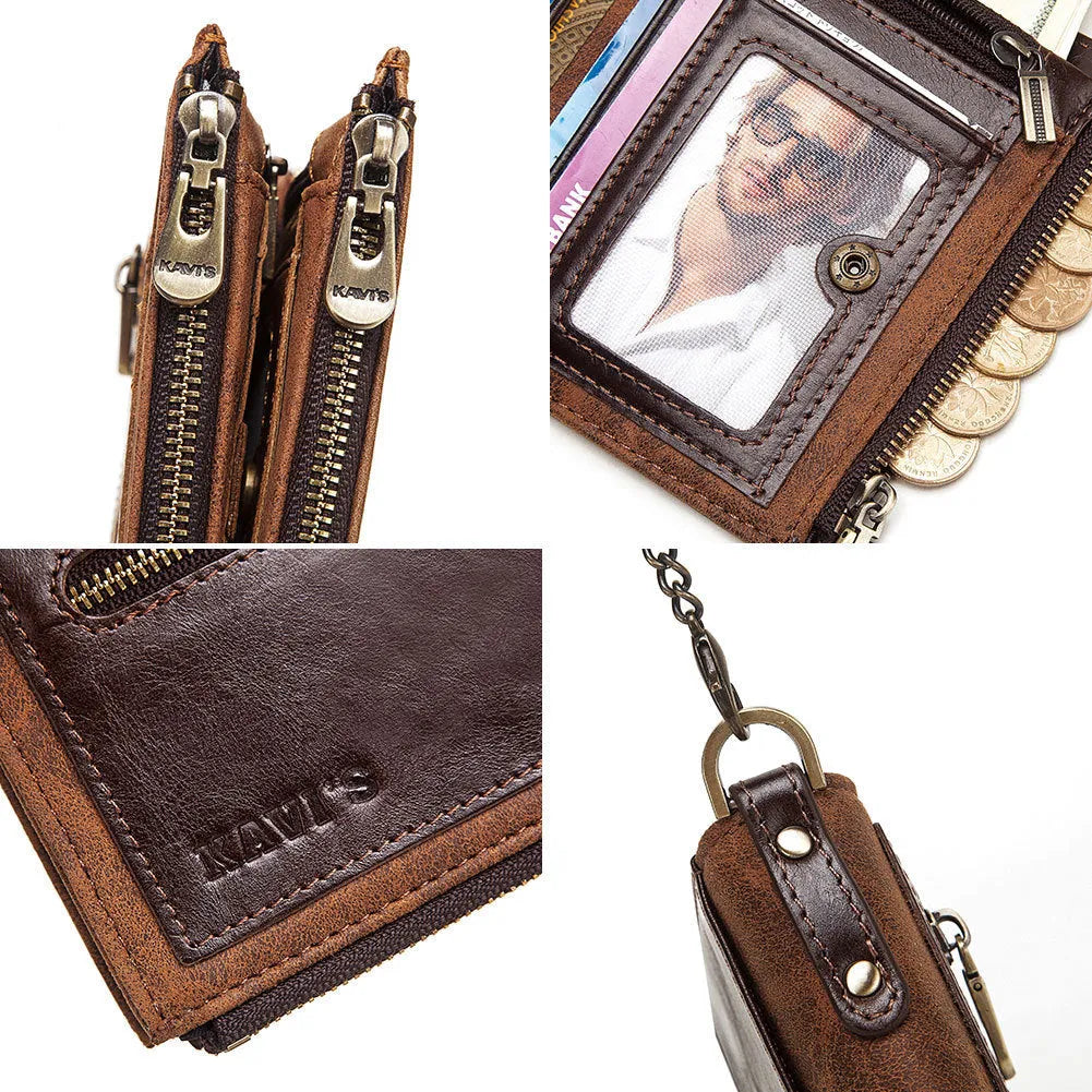Dark brown genuine cowhide leather men's wallet with a metal anti-theft chain and RFID-blocking technology.