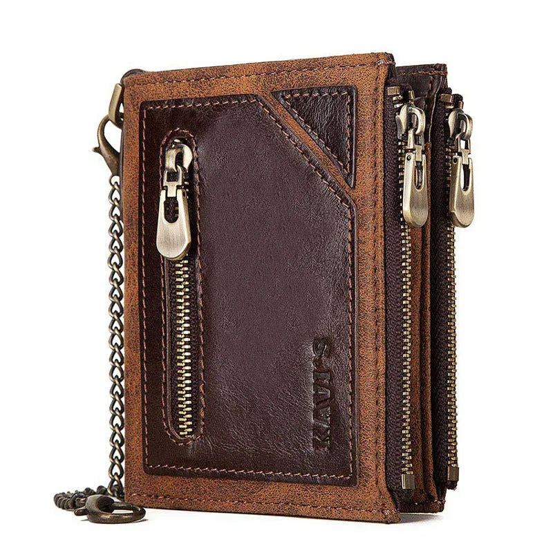 Dark brown genuine cowhide leather men's wallet with a metal anti-theft chain and RFID-blocking technology.