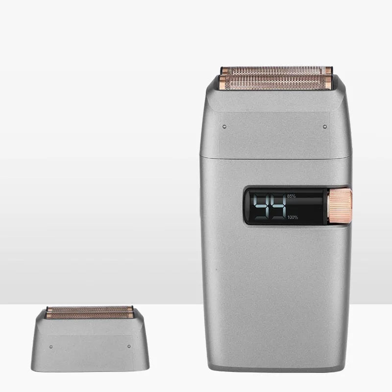 LCD display shaver with floating cutter head and adjustable sideburns trimmer in black
