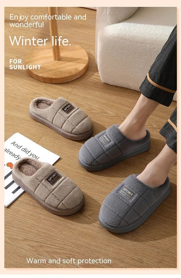 Men's grey and brown plaid winter slippers with thick wool lining and EVA soles