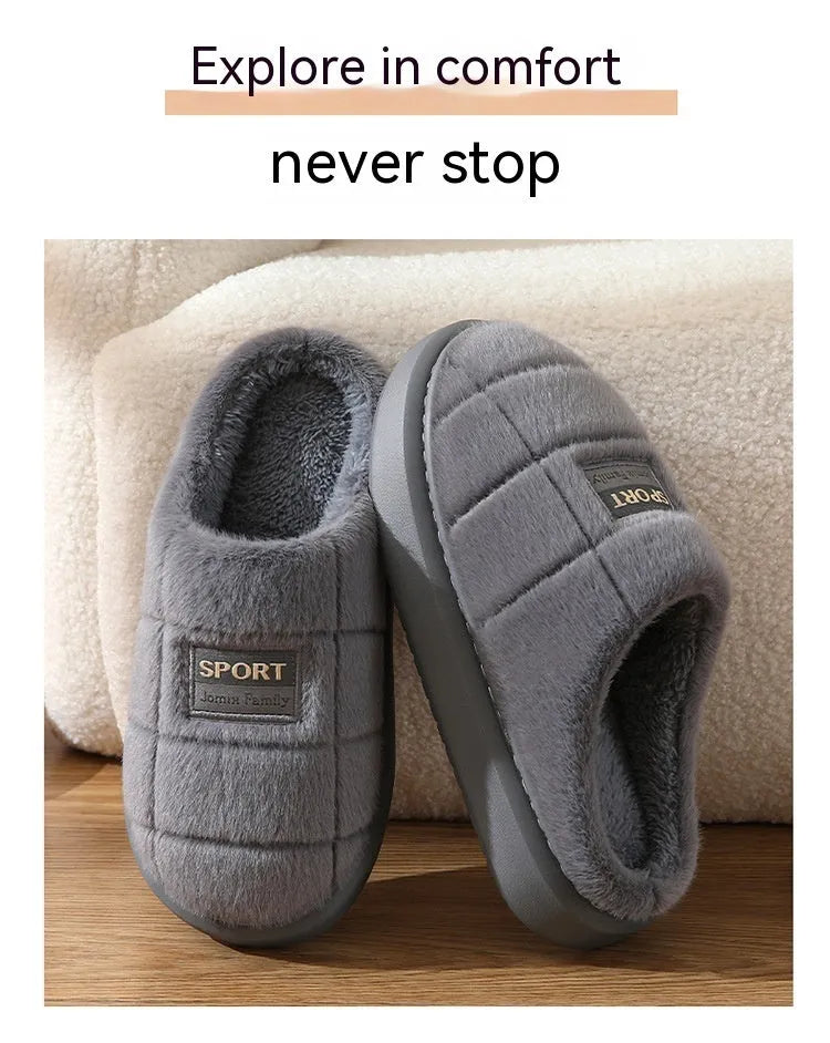 Men's grey and brown plaid winter slippers with thick wool lining and EVA soles